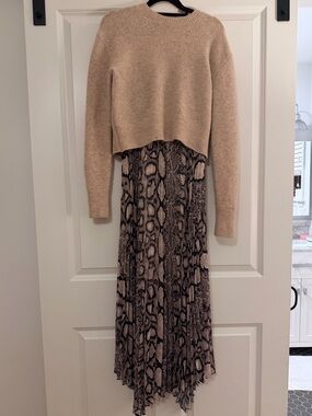 All Saints wool sweater & Snake-Print Asymmetrical Midi Skirt in Beige and Black